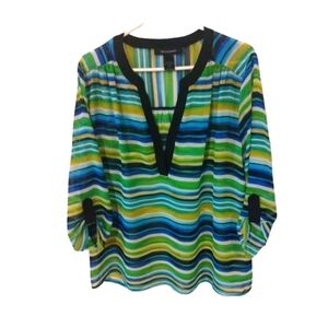 Sheer Multicolor Tunic Ashley Stewart V-Neck Button 3/4 Sleeve Plus Size 14/16